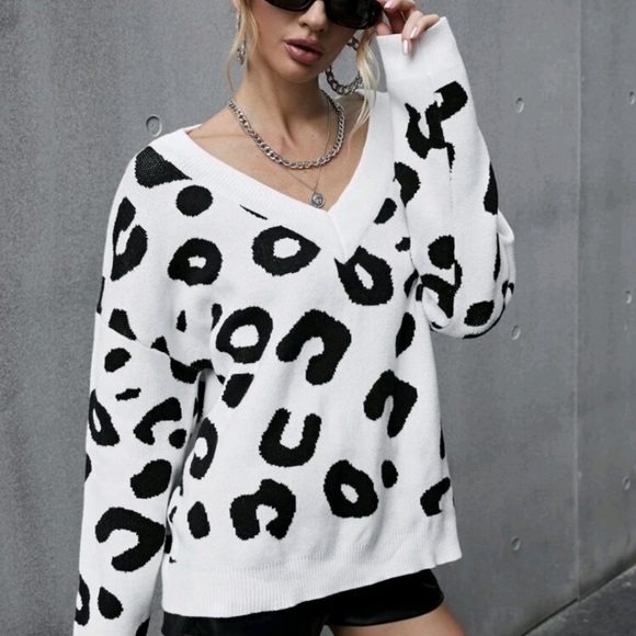 Leopard Pattern V-neck Drop Shoulder Sweater - Picture 3 of 6